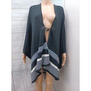 CATHERINES Crochet Poncho One Size Black White Striped Toggle Button Plus Size